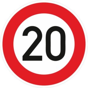 Verkehrsschild zeigt "20" in schwarzer Schrift, roter Rand. bodenmarkierung-profishop.de