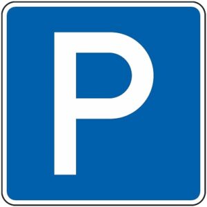 Weißes "P" auf blauem Hintergrund, welches einen Parkplatz anzeigt. bodenmarkierung-profishop.de