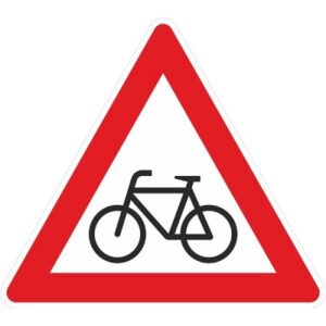 Verkehrsschild mit Fahrrad-Symbol in rot-weißem Dreieck. bodenmarkierung-profishop.de