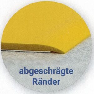 Abgeschrägte gelbe Bodenmarkierung mit Text 'abgeschrägte Ränder'. bodenmarkierung-profishop.de